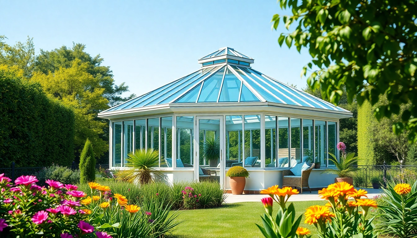 Direkt zur Website fuer ein modernes Gewaechshaus mit stilvollem Dach in einem schoenen Garten.