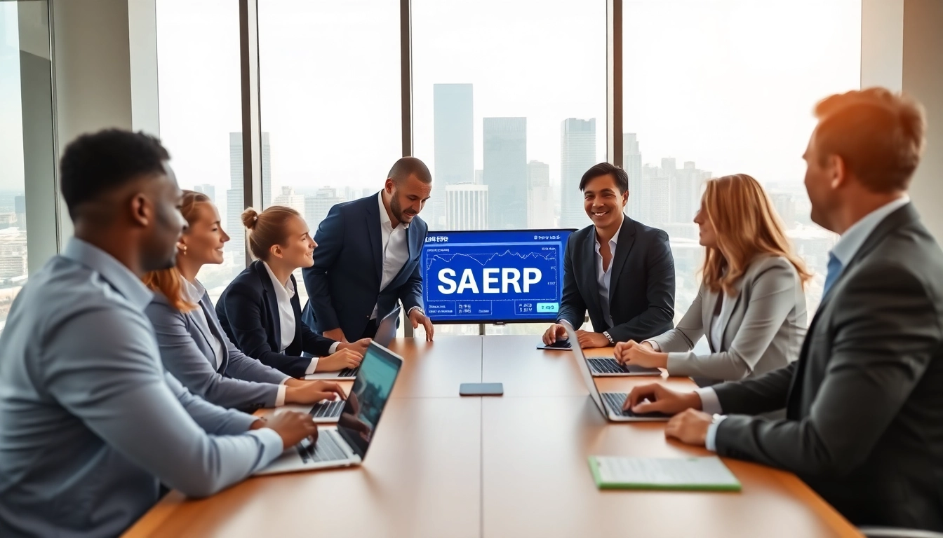 Besprechung ueber SAP ERP-Loesungen in modernem Konferenzraum mit Personen aus verschiedenen Hintergruenden.