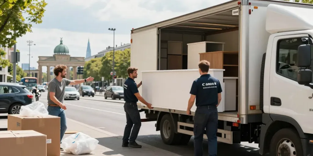 Umzugsfirma Berlin team efficiently moving furniture in a bustling city setting.