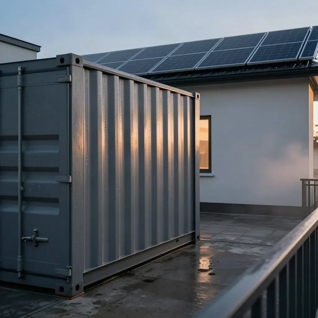 Batteriecontainer neben Solarmodulen am Wohnblockdach im kalten Morgengrauen