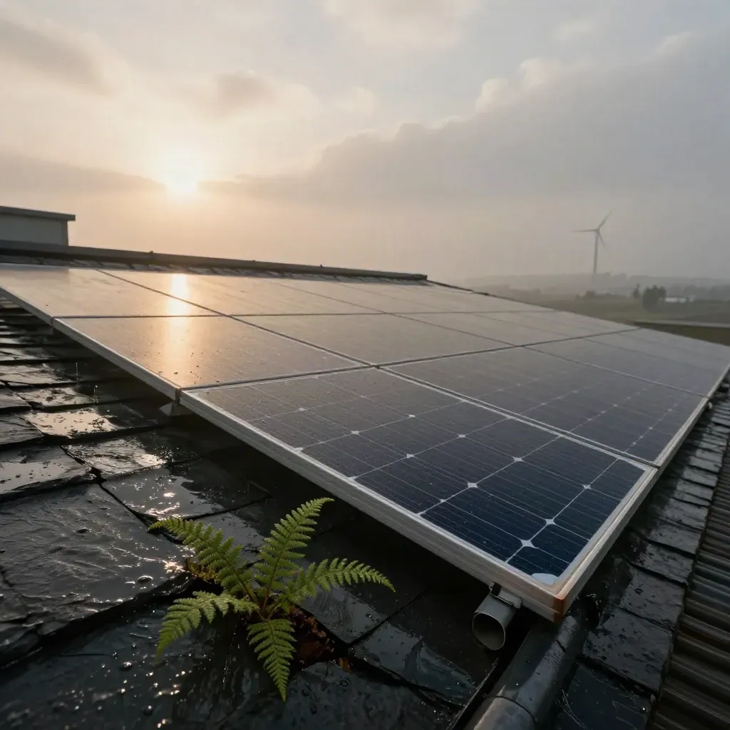 Dach mit Solarpanels, Farn, Regenrinne und Windrad im feuchten Morgenlicht