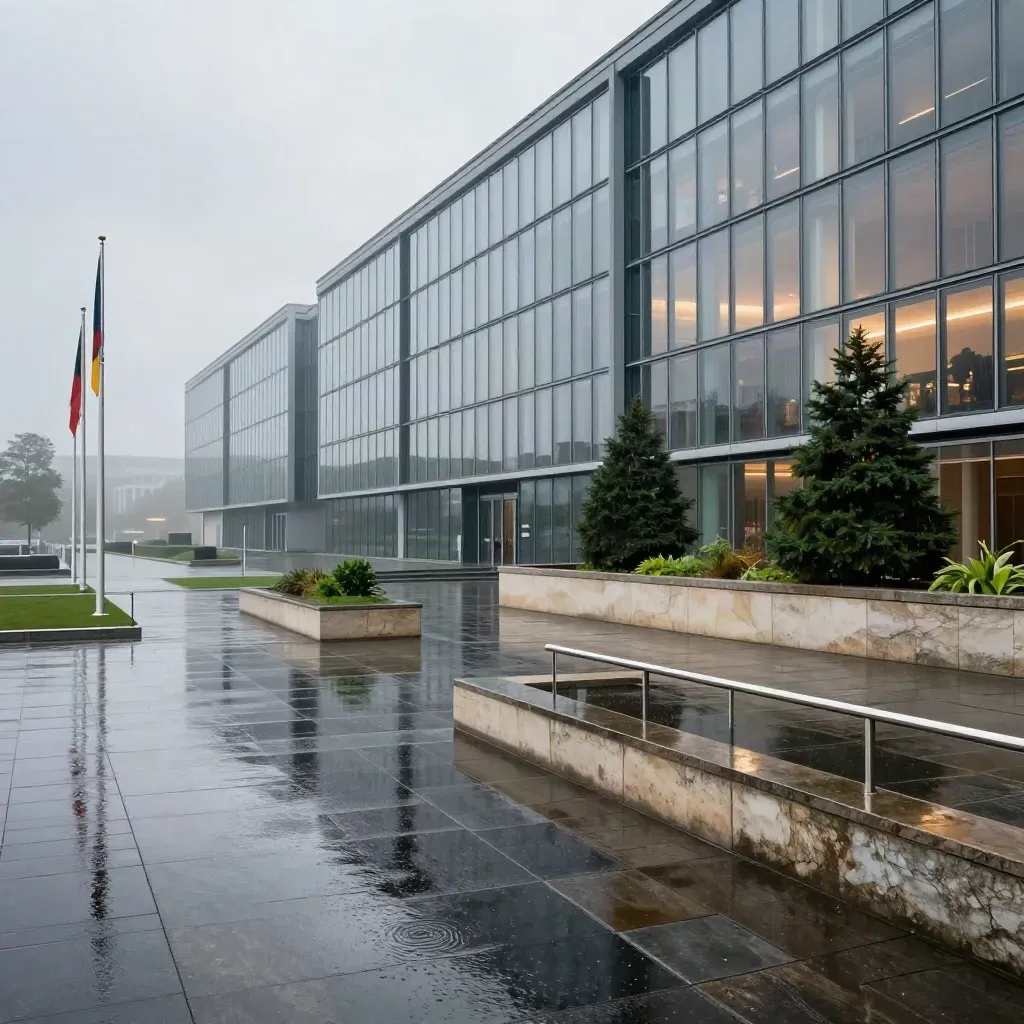 Regen auf dem Regierungsviertel mit Glasfassaden, Flaggenmasten und nassem Steinpflaster.