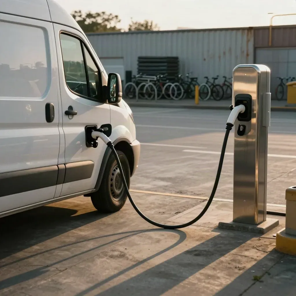 Elektrischer Lieferwagen lädt am Abend im Industriehof neben Fahrradbügeln und Containerwand.