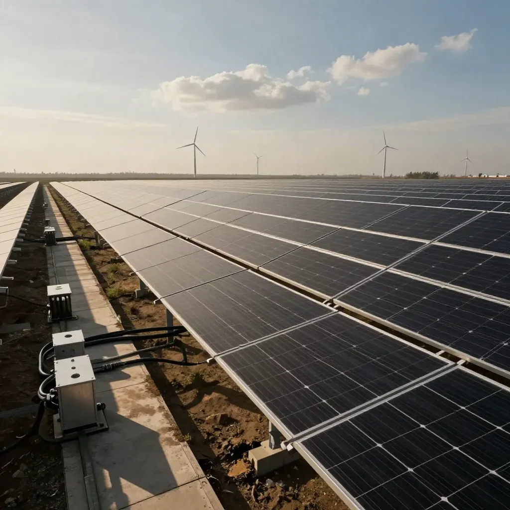 Solarpark mit Batteriespeicher, Wartungsweg und Windrädern im Licht nach dem Aufklaren.