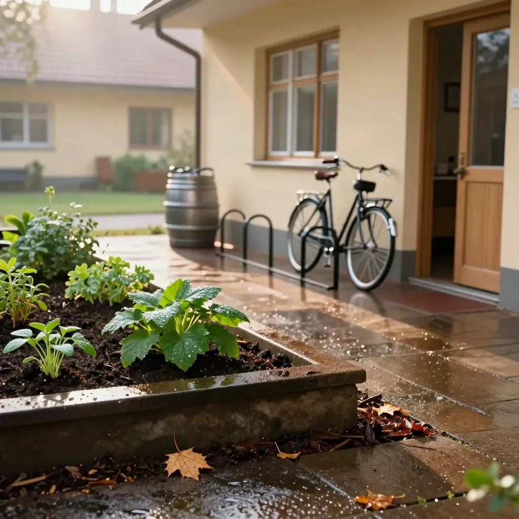 Schulhof nach Regen mit Hochbeet, Regenfass und Fahrradständern vor heller Fassade.