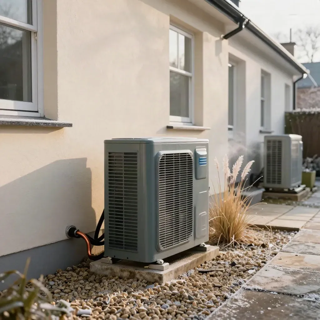 Wärmepumpe neben hellem Reihenhaus im frostigen Morgenlicht mit Gräsern und Kies.