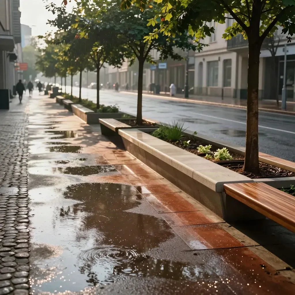 Regenwasser steht nach einem Sommerguss in einer entsiegelten Stadtstraße mit Bäumen.