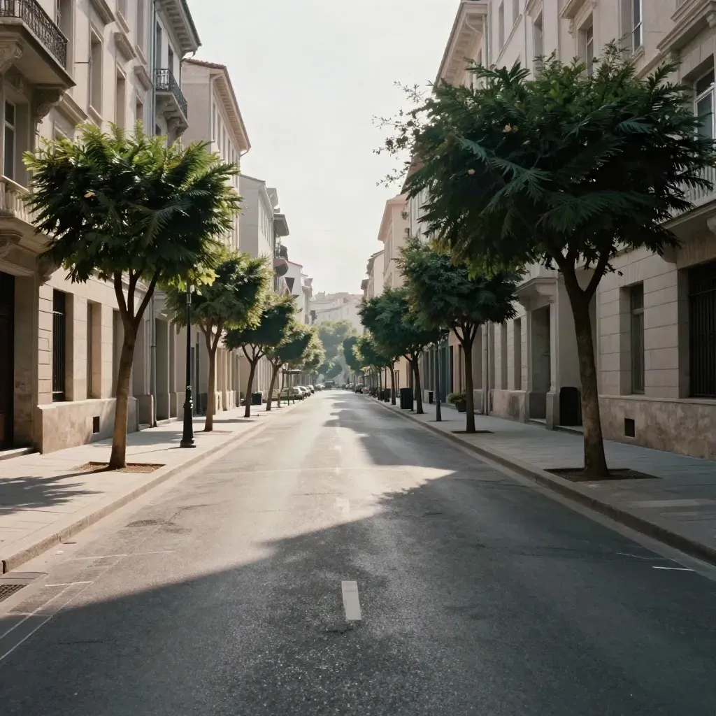 Flirrende Innenstadtstraße mit Bauminseln, hellen Fassaden und heißem Asphalt in der Mittagshitze.