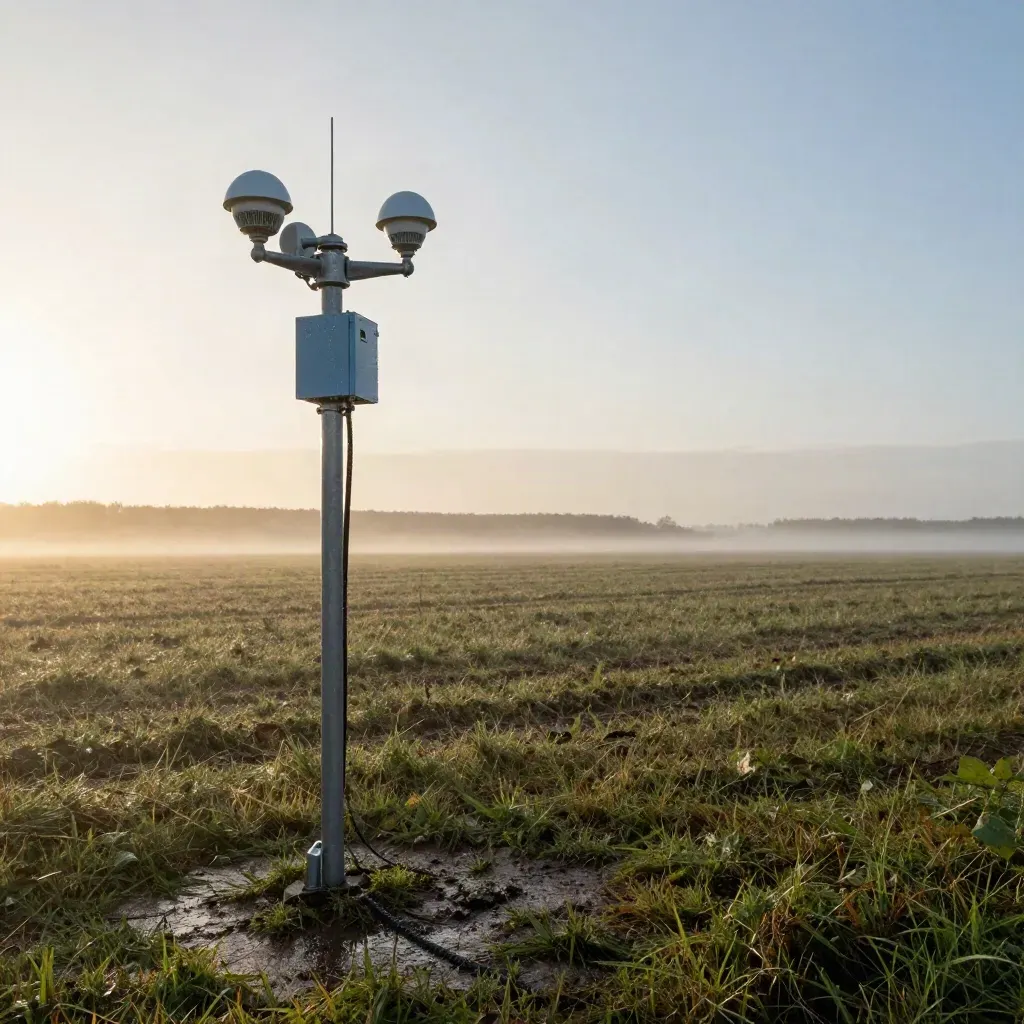 Wetterstation nach Regenschauer auf nasser Wiese, mit Tropfen am Mast und ruhigem Horizont.
