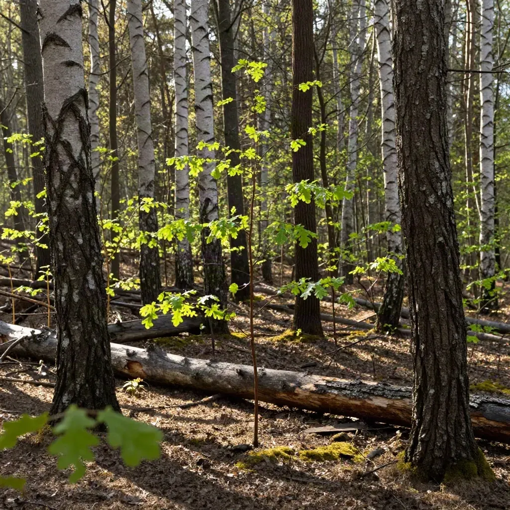 Junger Mischwald mit Birken, Eichen und Totholz, neues Grün im trockenen Waldlicht.