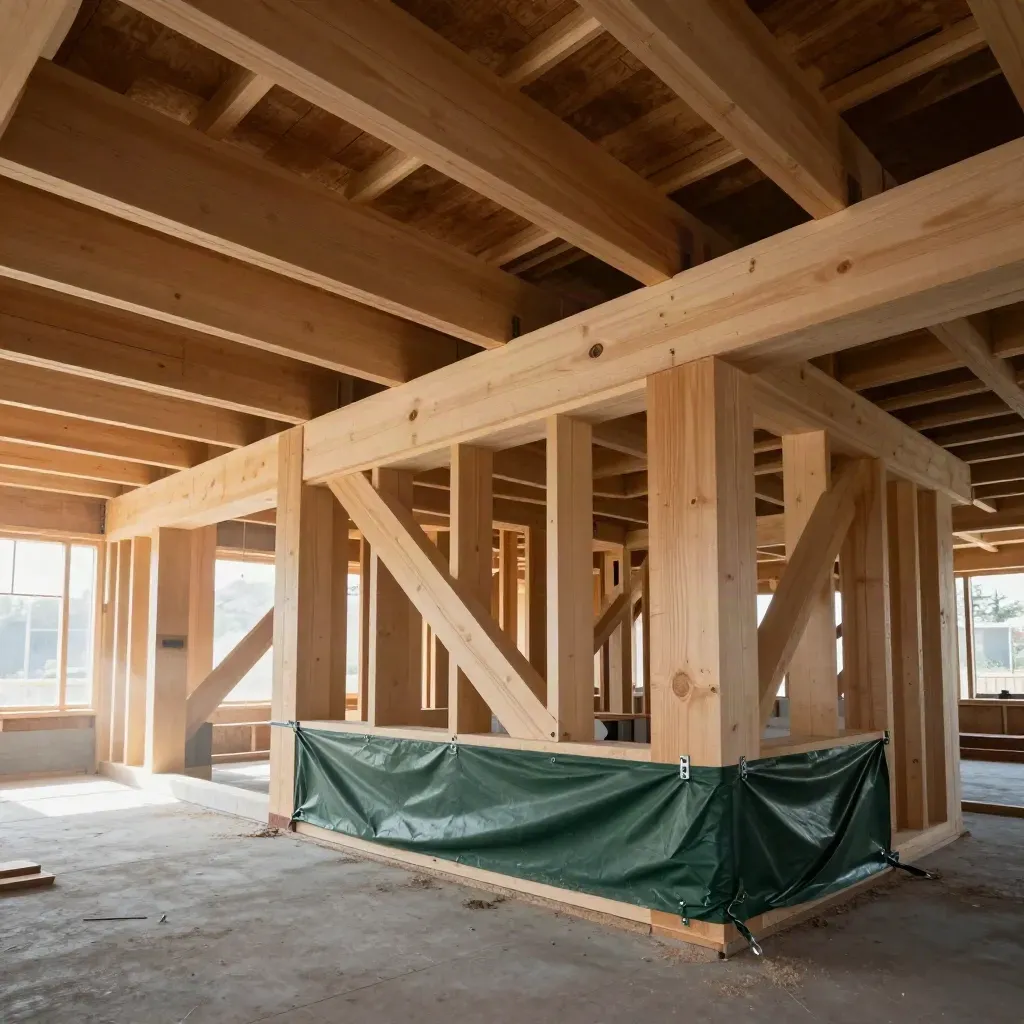 Holzbau-Rohbau mit Brettschichtholzträgern, offenen Deckenfeldern und dramatischem Licht