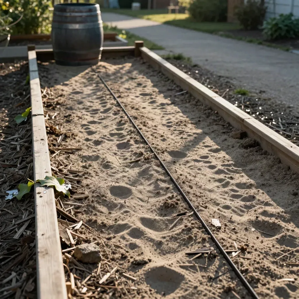Trockenes Gemeinschaftsbeet mit Tropfbewässerung, Mulch und Regenfass im warmen Abendlicht.