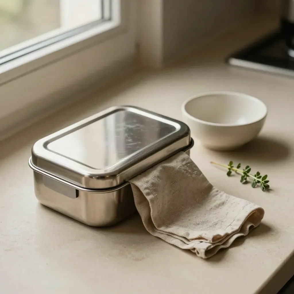 Halb geschlossene Lunchbox mit Serviette, Schälchen und Kräuterzweig auf hellem Untergrund